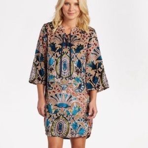 ANTHROPOLOGIE FEATHERS BY TOLANI Boho Velvet Print Lace-Up Tunic Dress
